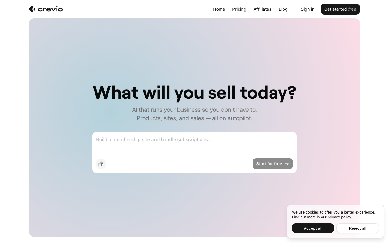 Crevio AI business builder dashboard showing autonomous product creation, storefront management, and payment processing