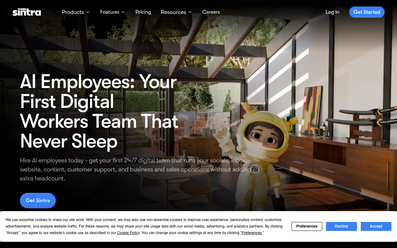Sintra AI employee platform with role-specific agents for marketing, content, and support