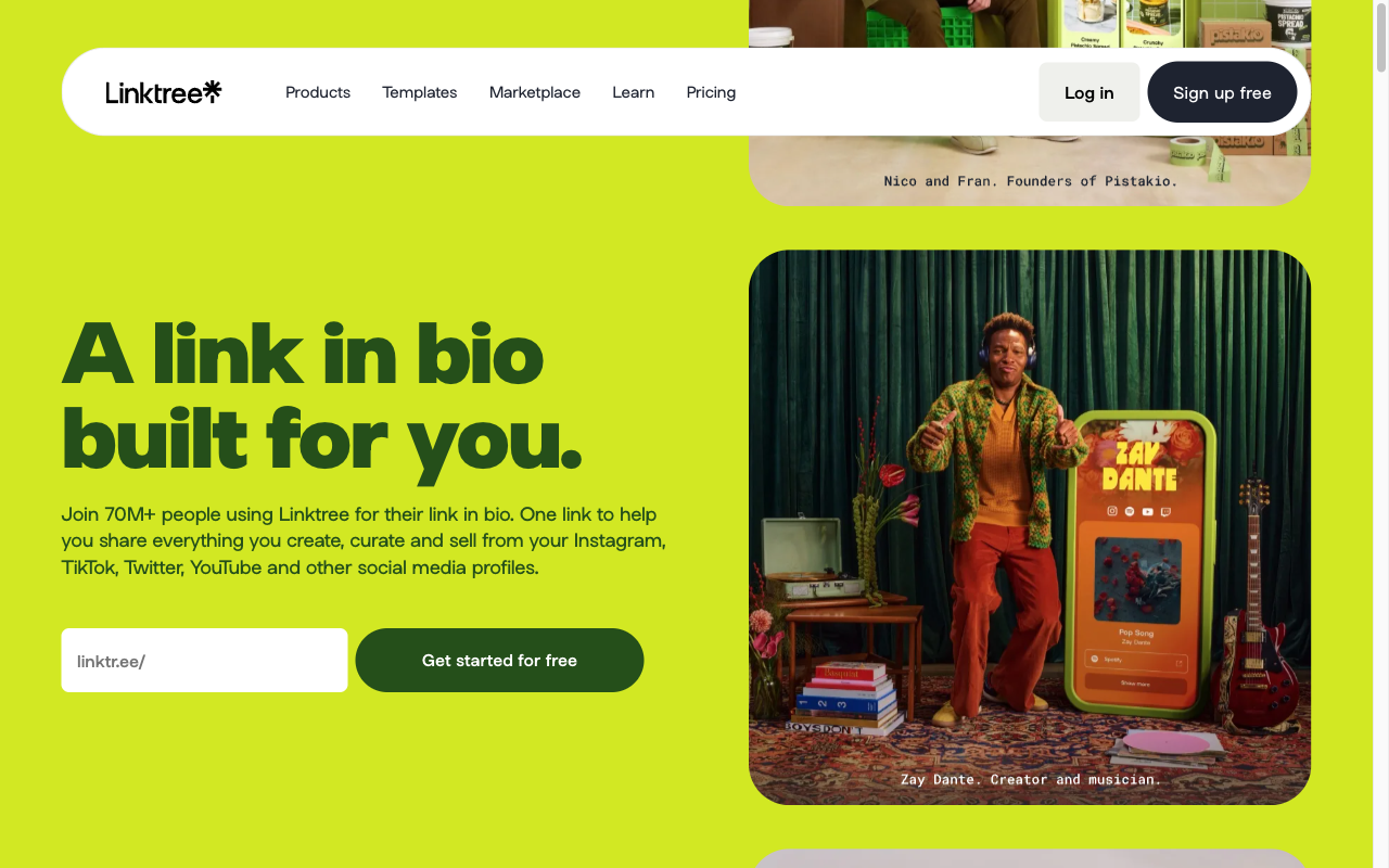Linktree homepage showing link-in-bio builder