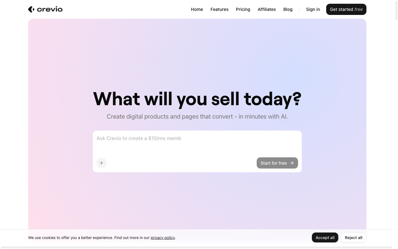 Crevio homepage showing creator storefront platform