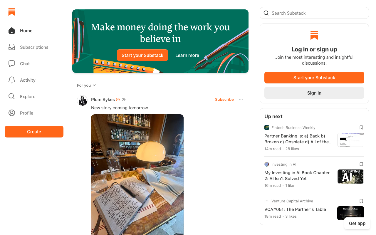 Substack homepage for newsletters and audience building