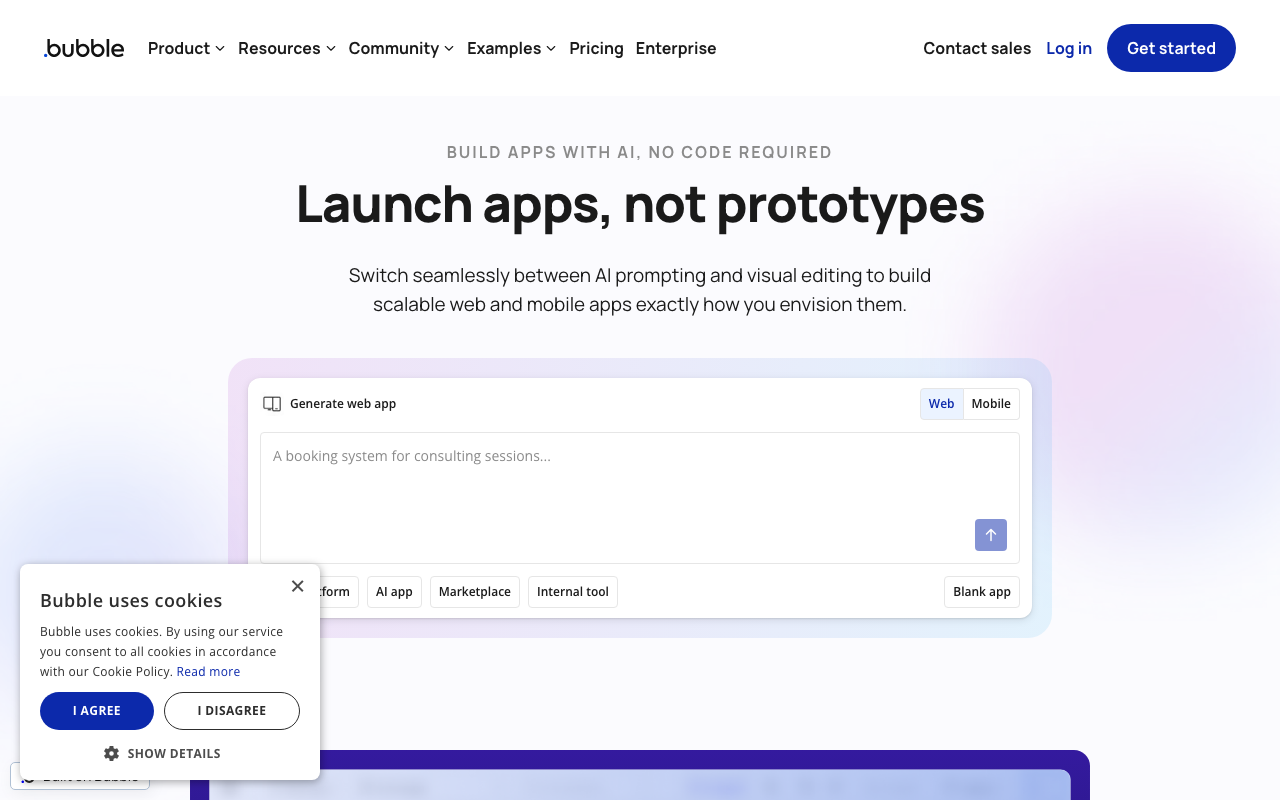 Bubble homepage showing visual no-code app builder