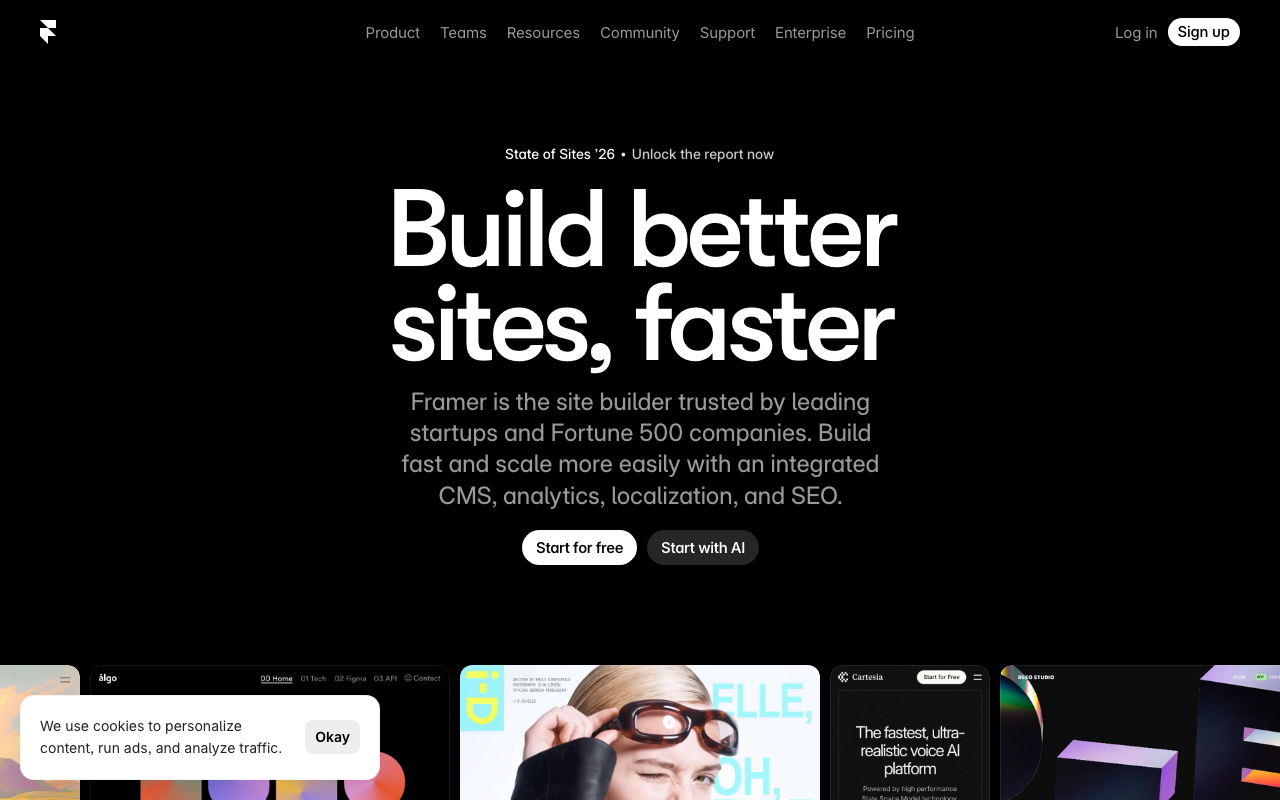 Framer homepage showing visual website builder