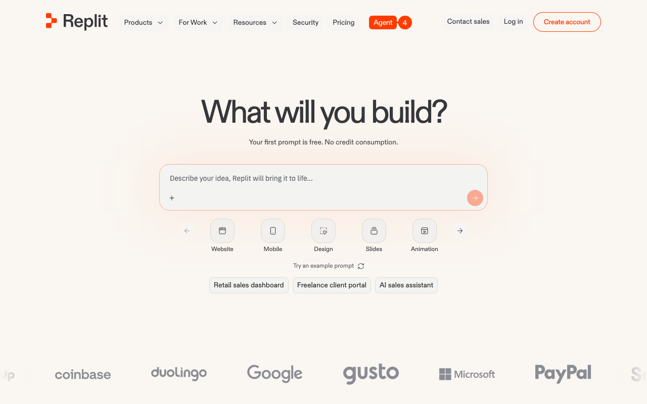 Replit homepage showing AI app development environment