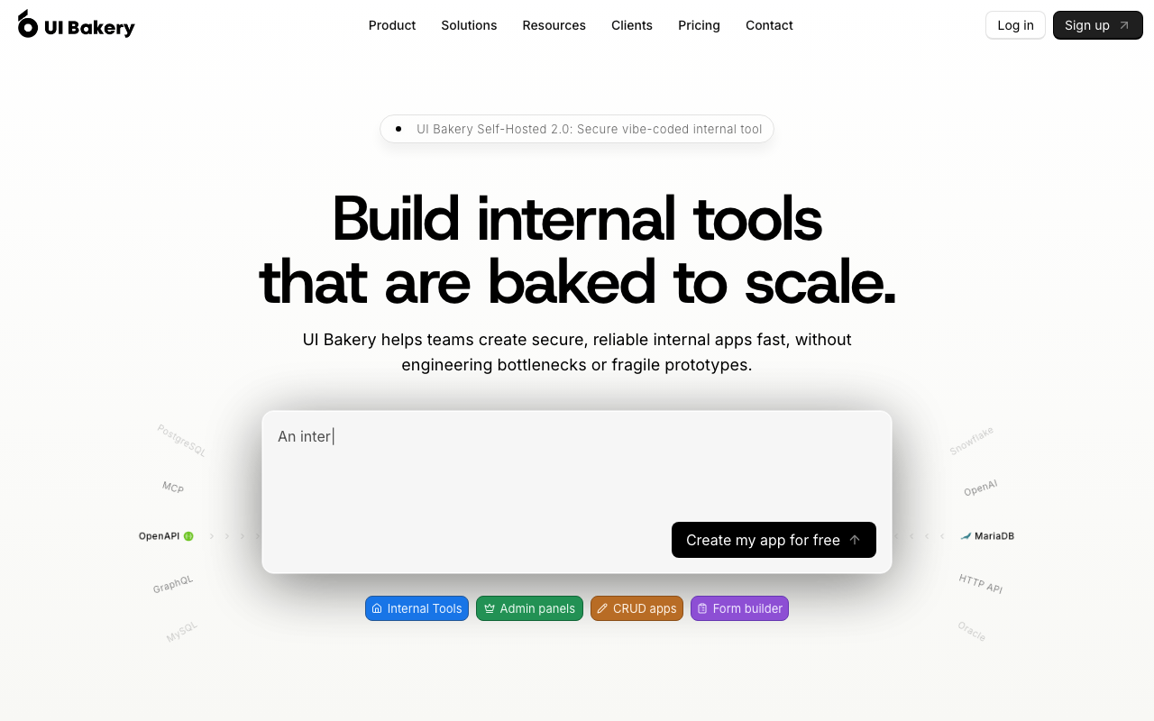 UI Bakery homepage showing internal tools and dashboards platform
