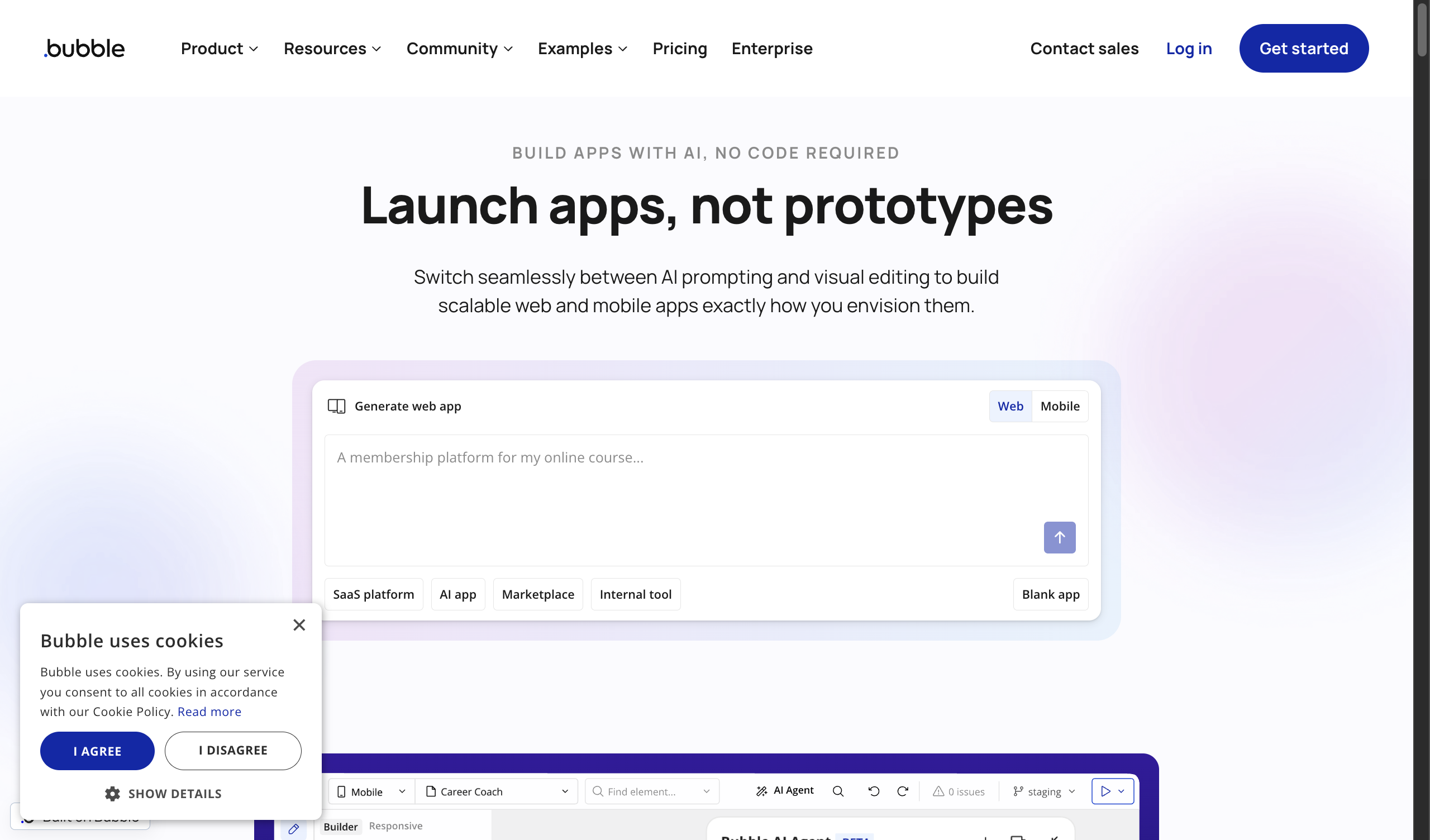 Bubble.io visual development platform homepage