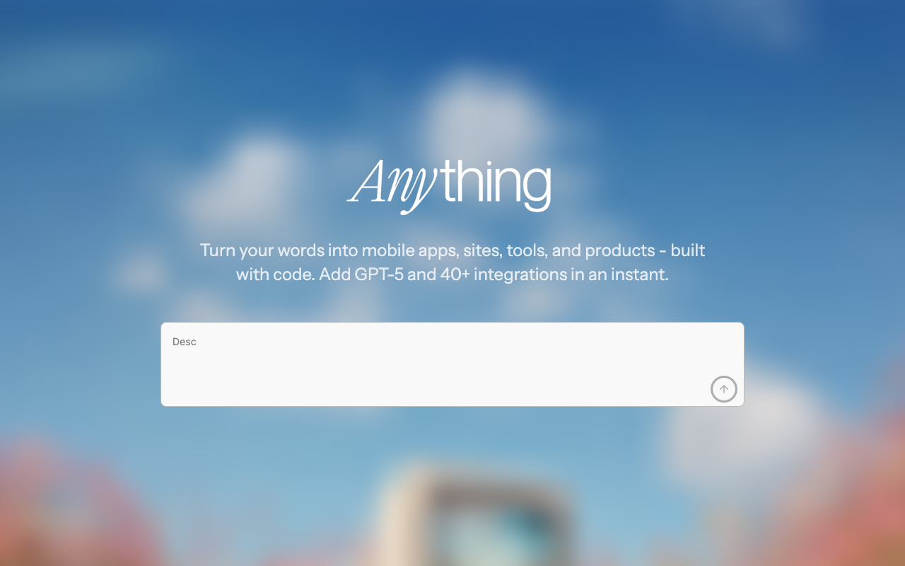Anything homepage showing AI app builder with one-click Mocha migration