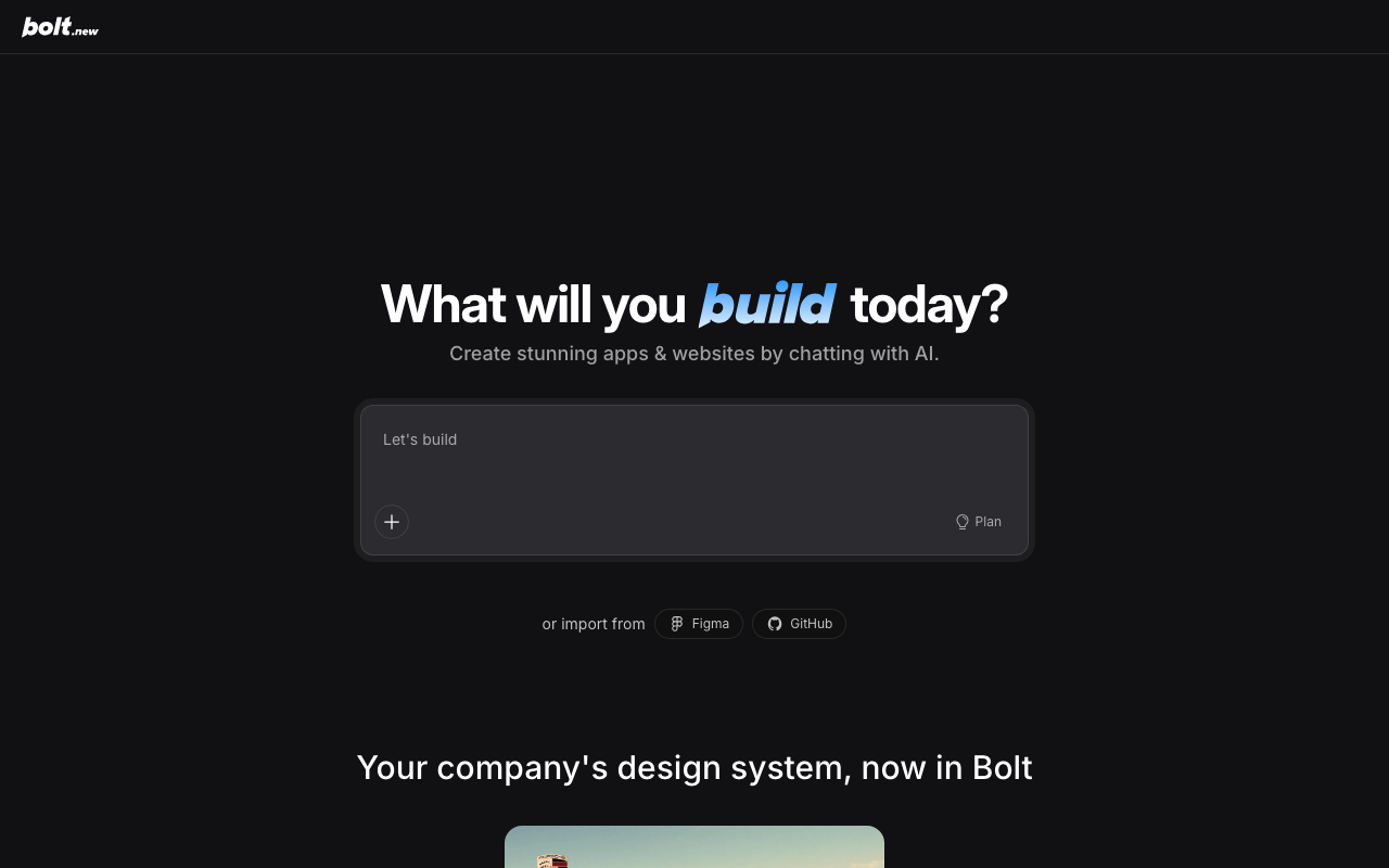 Bolt.new homepage showing AI full-stack app builder in the browser
