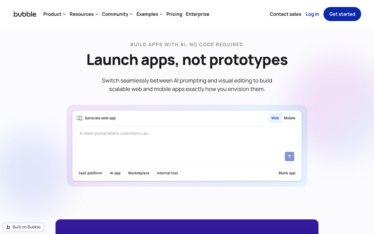 Bubble homepage showing no-code app builder for production applications