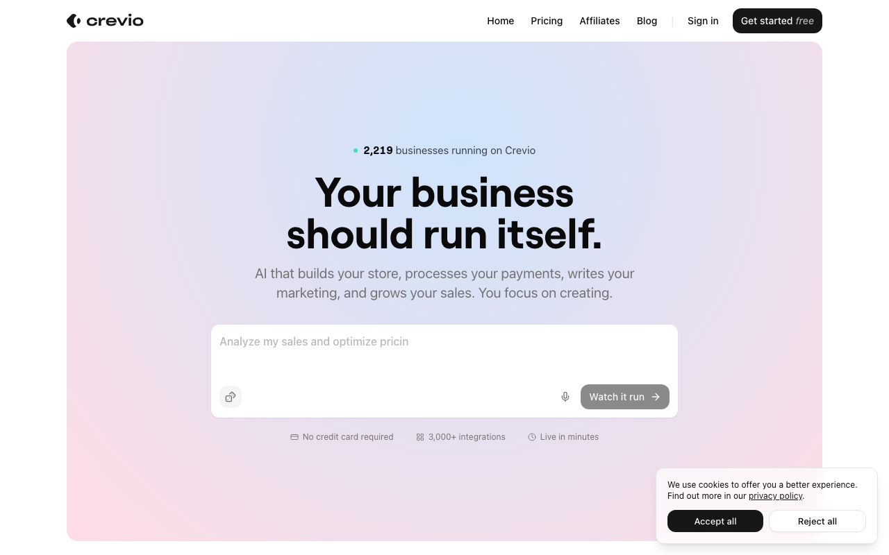 Crevio AI business builder homepage showing AI-powered platform for online businesses