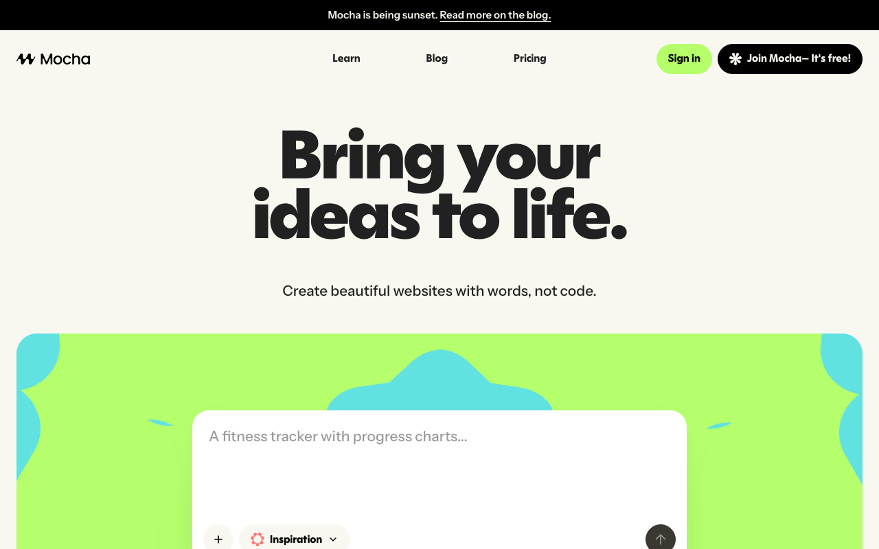 Mocha homepage showing AI-powered no-code app builder for entrepreneurs