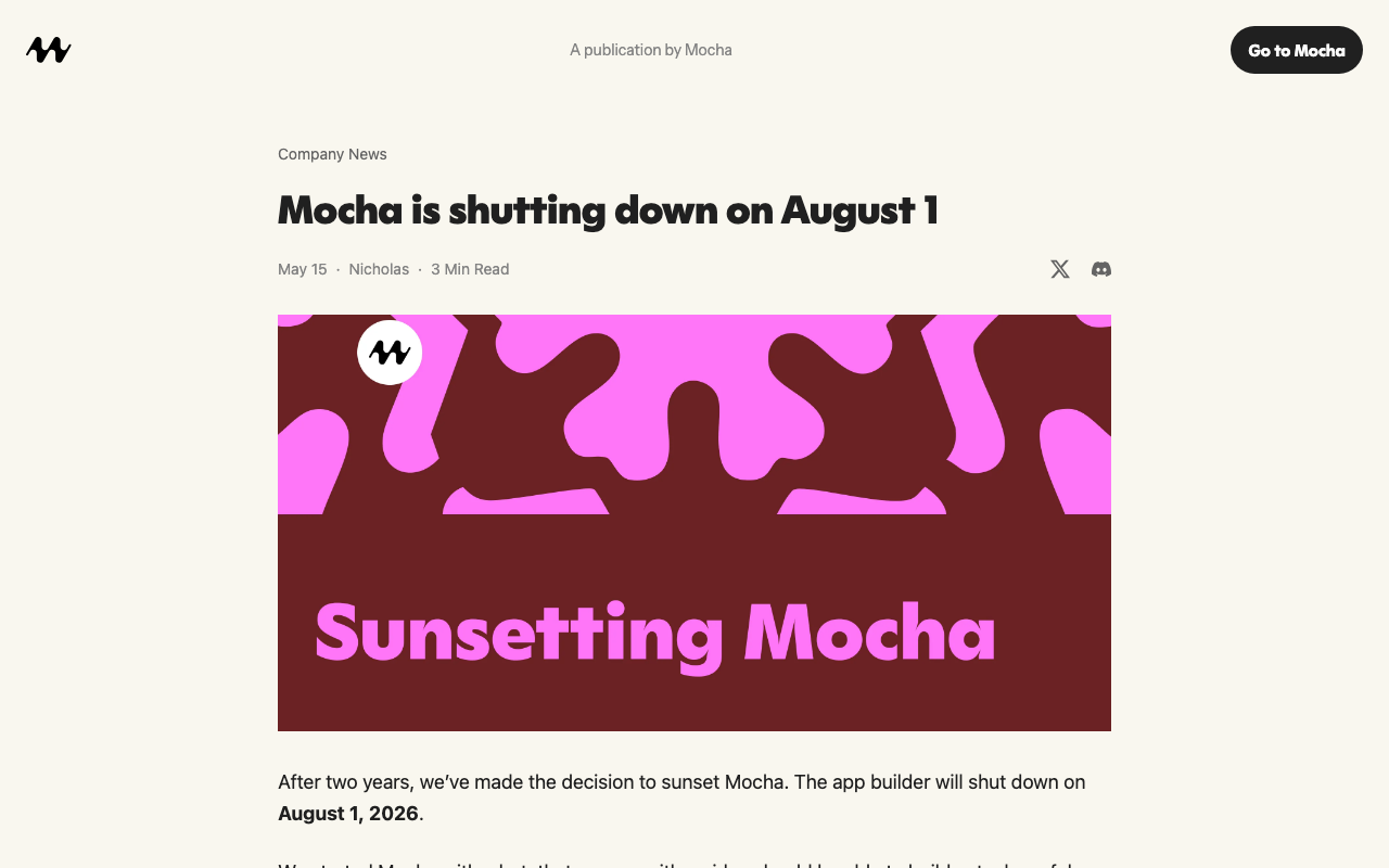 Mocha shutdown announcement page on blog.getmocha.com