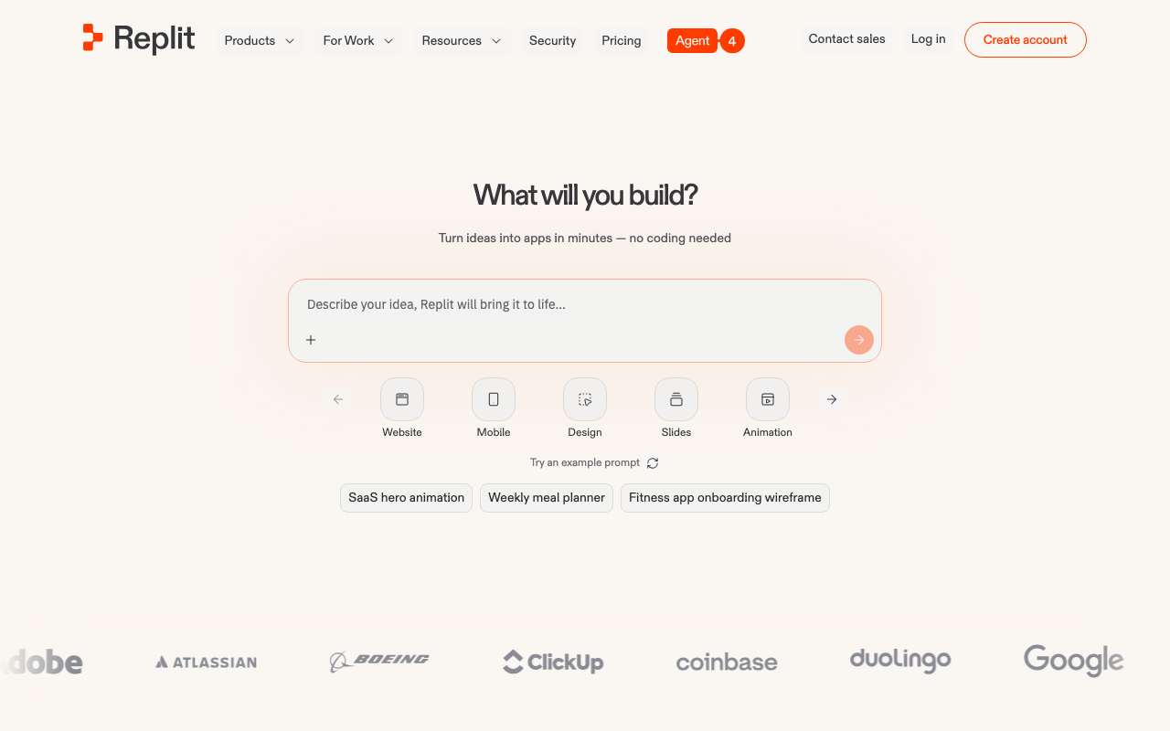 Replit homepage showing cloud development environment with AI agent