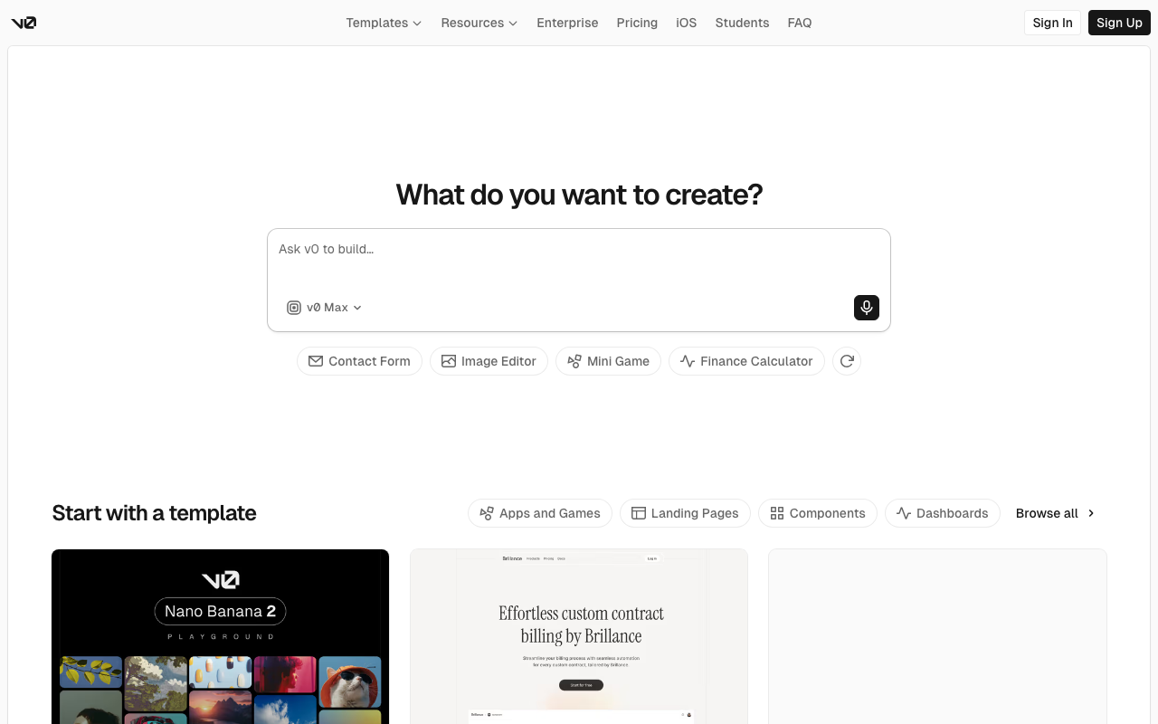 v0 by Vercel homepage showing AI-generated production-ready Next.js components