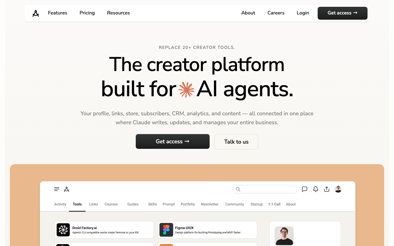 BusinessKit homepage showing 'The creator platform built for AI agents' with link-in-bio, courses, store, and CRM components