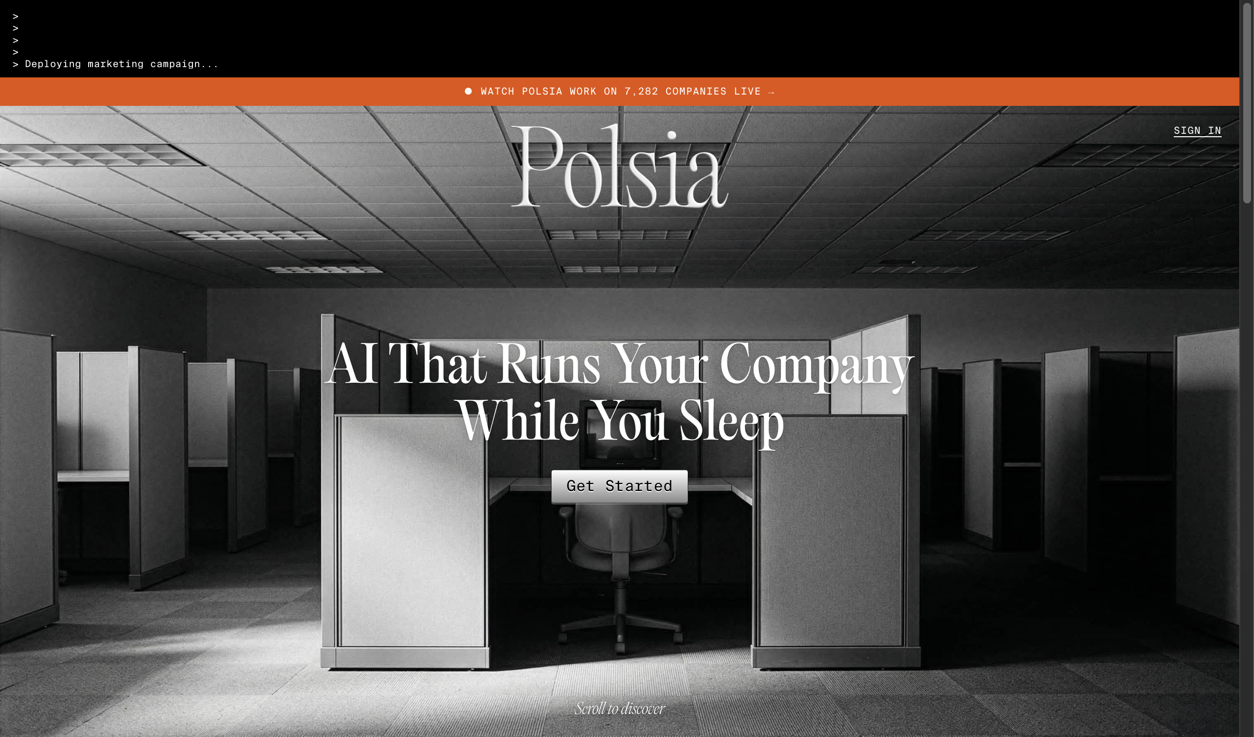 Polsia homepage showing autonomous AI company platform with multi-agent design