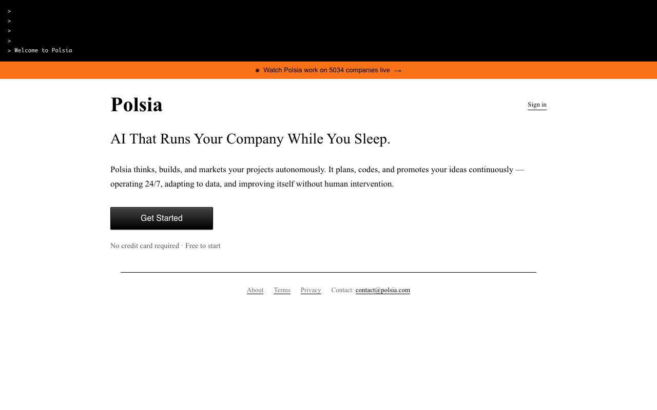 Polsia homepage showing autonomous AI company platform