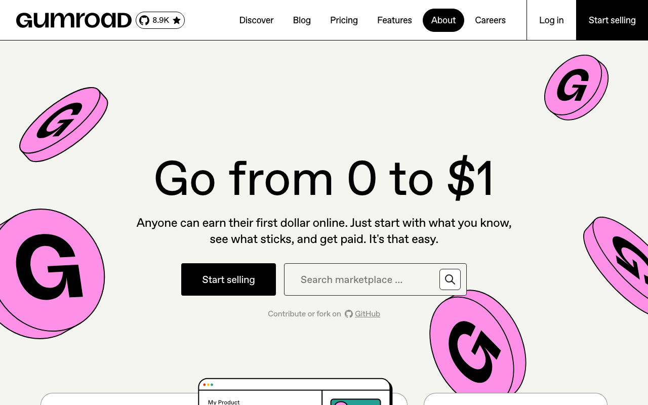 Gumroad homepage showing digital product marketplace for creators