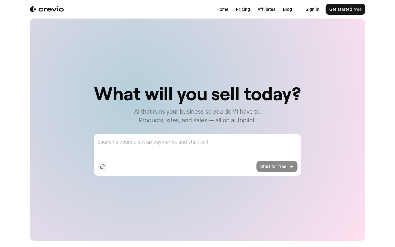 Crevio homepage — AI that runs your business