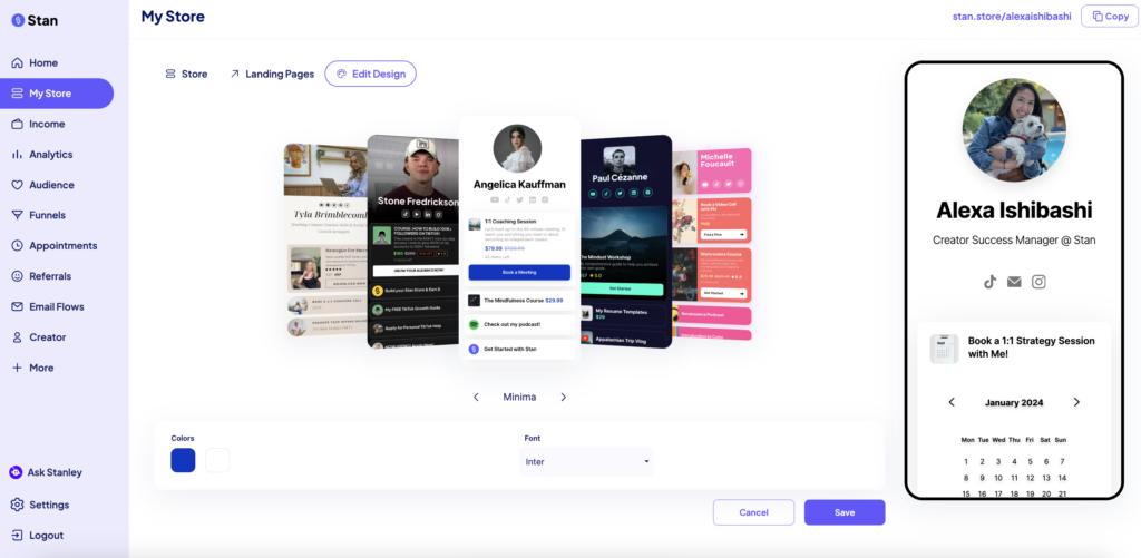 Stan Store dashboard showing the storefront builder and templates