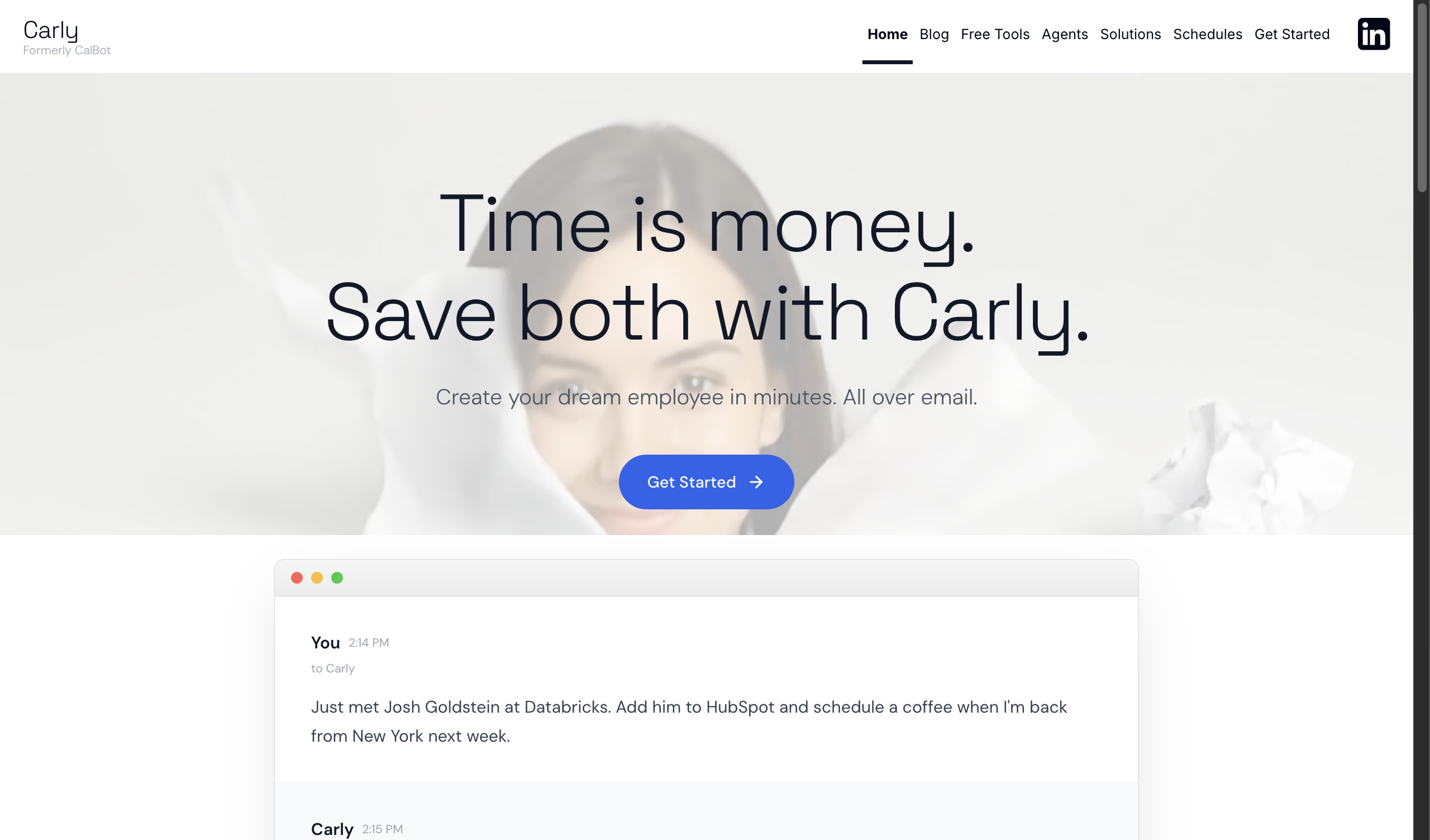 Carly homepage showing AI agents with their own email addresses