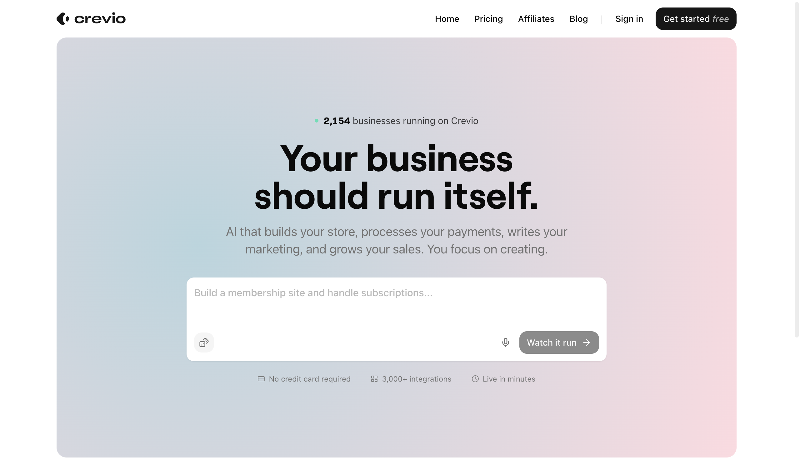 Crevio homepage showing the AI business builder