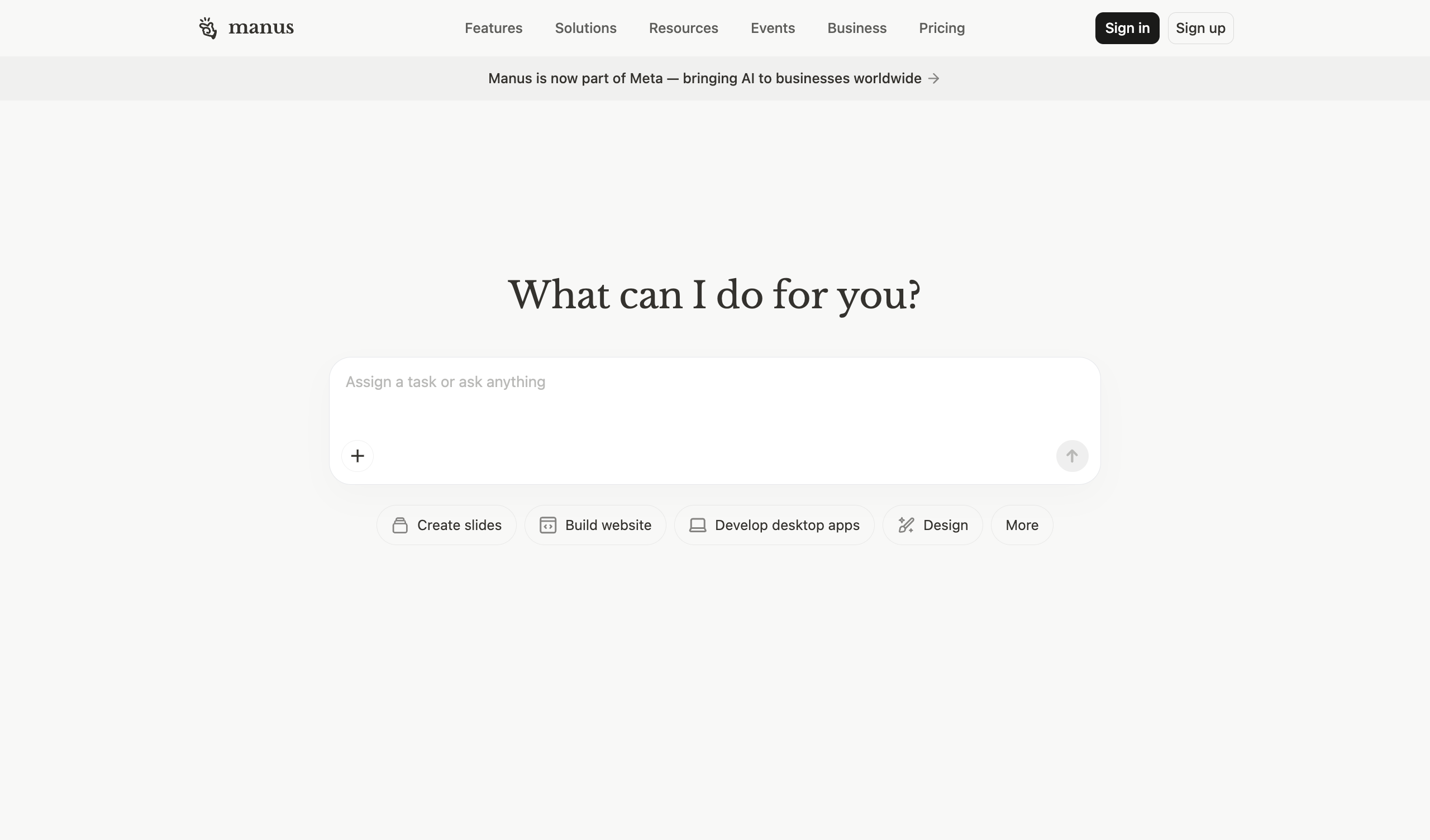 Manus AI homepage showing the cloud-based AI agent platform