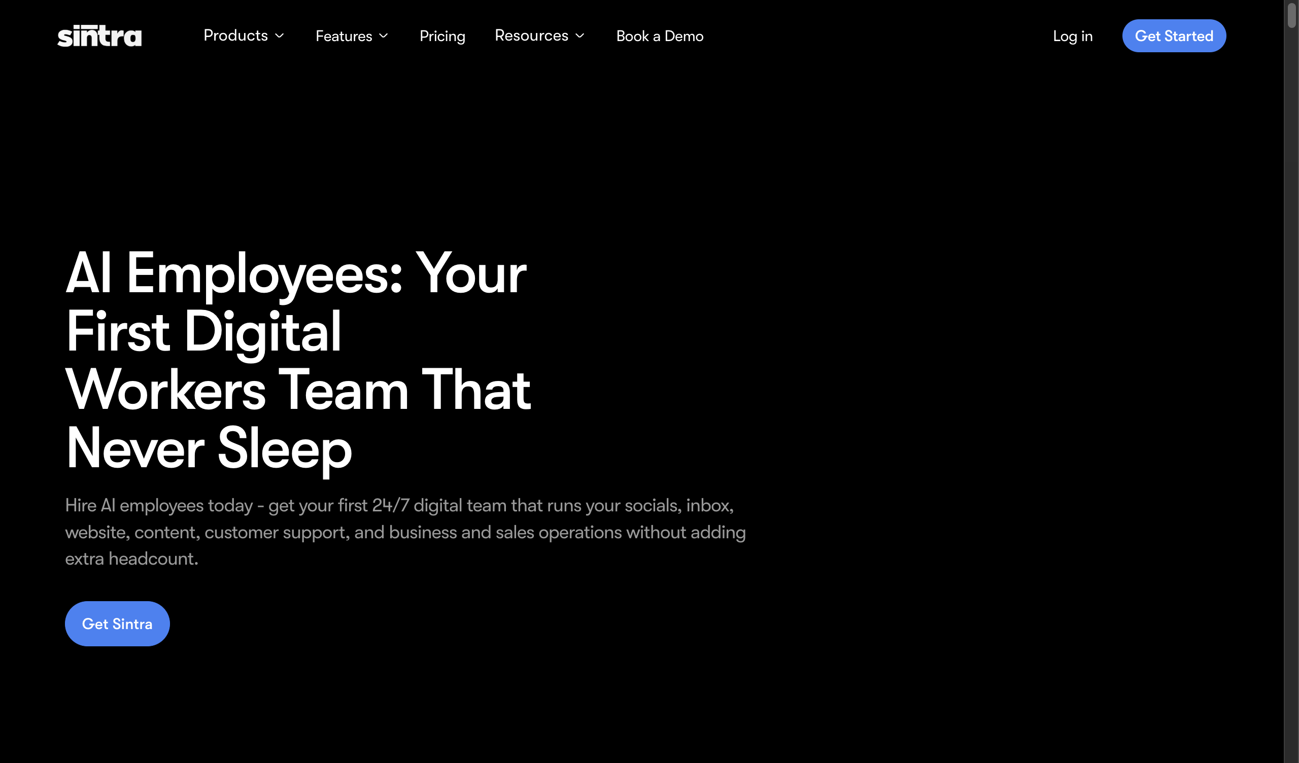 Sintra AI homepage showing pre-built AI business agents
