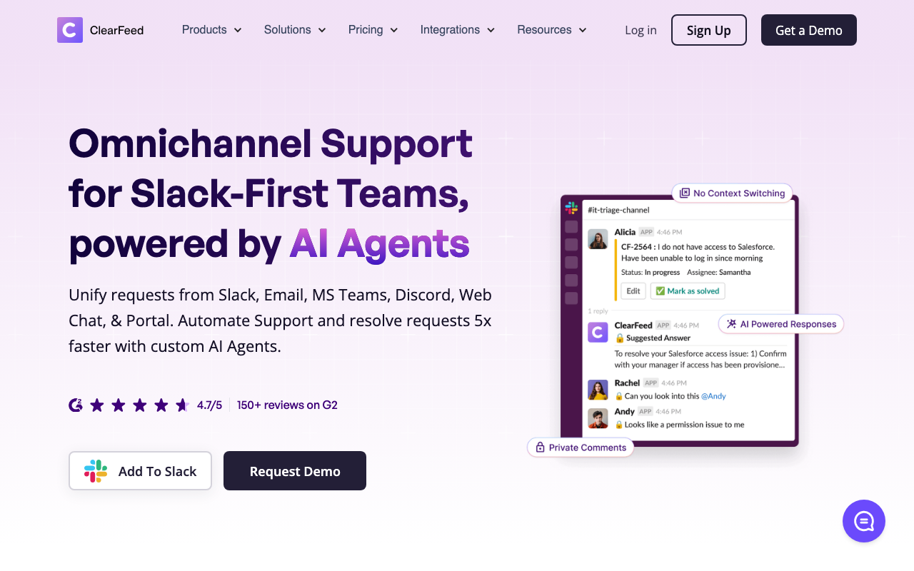 ClearFeed homepage showing Slack support helpdesk
