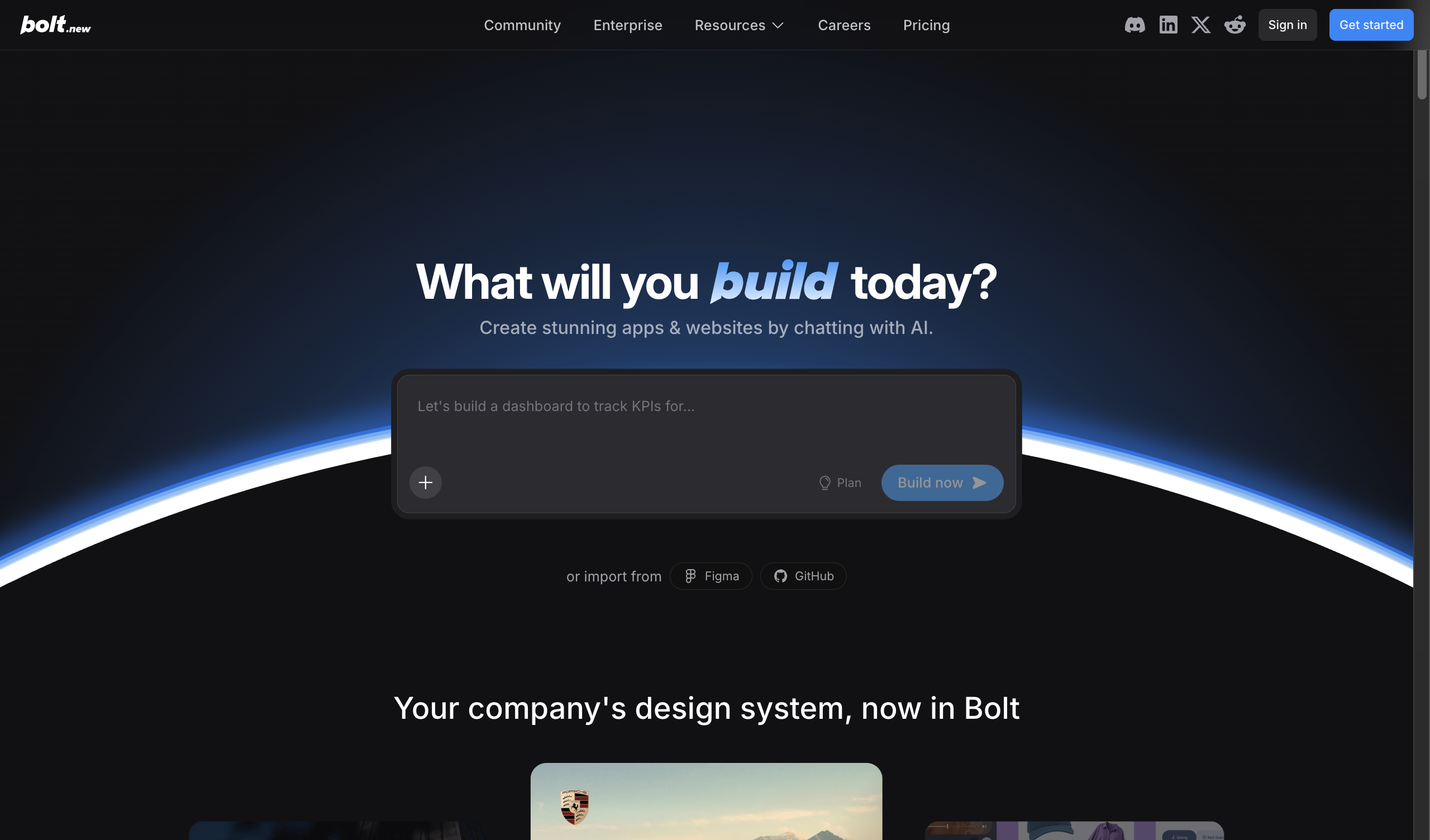 Bolt.new homepage showing AI-powered web development platform