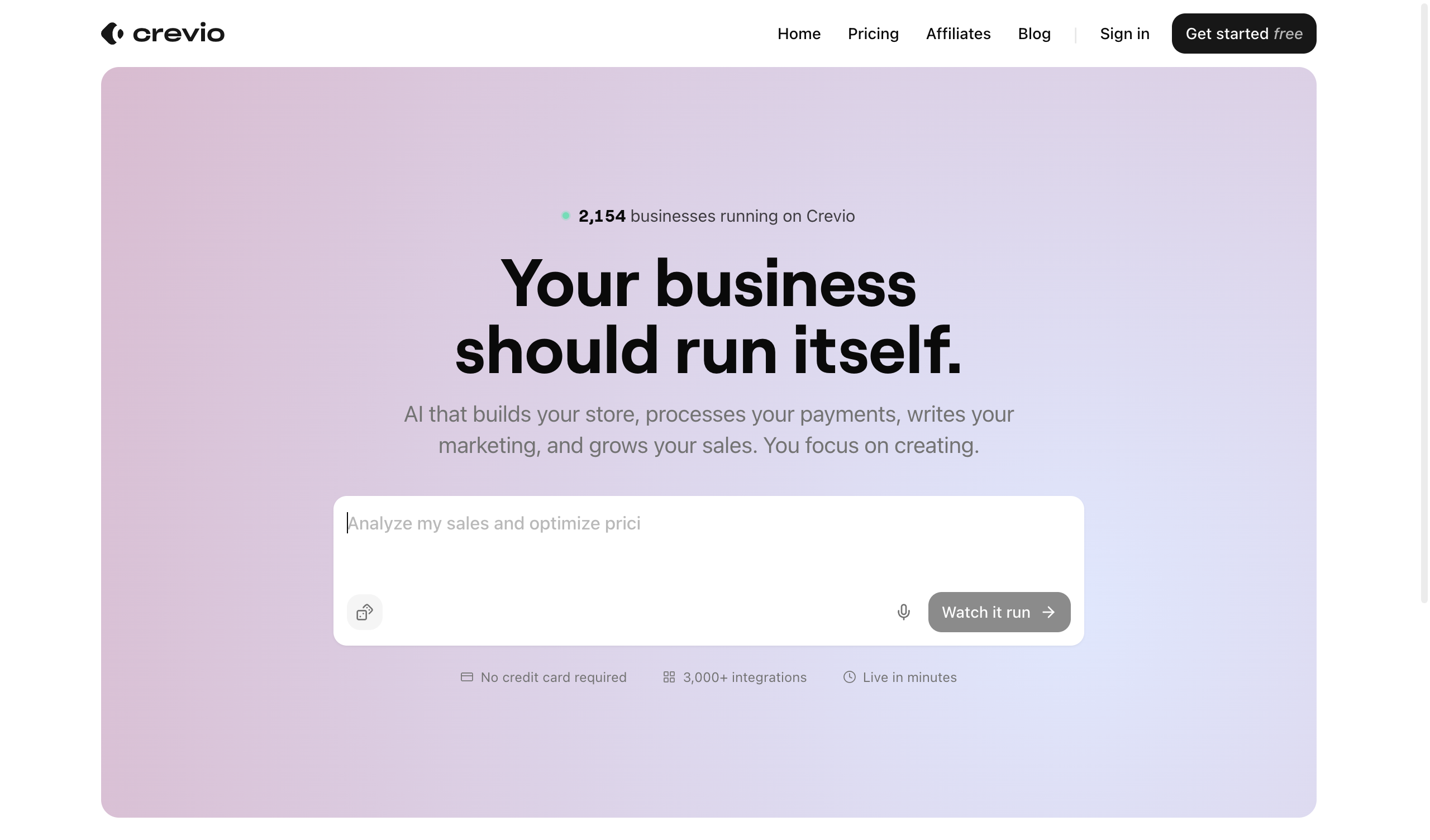 Crevio homepage showing AI business builder for any business that sells online
