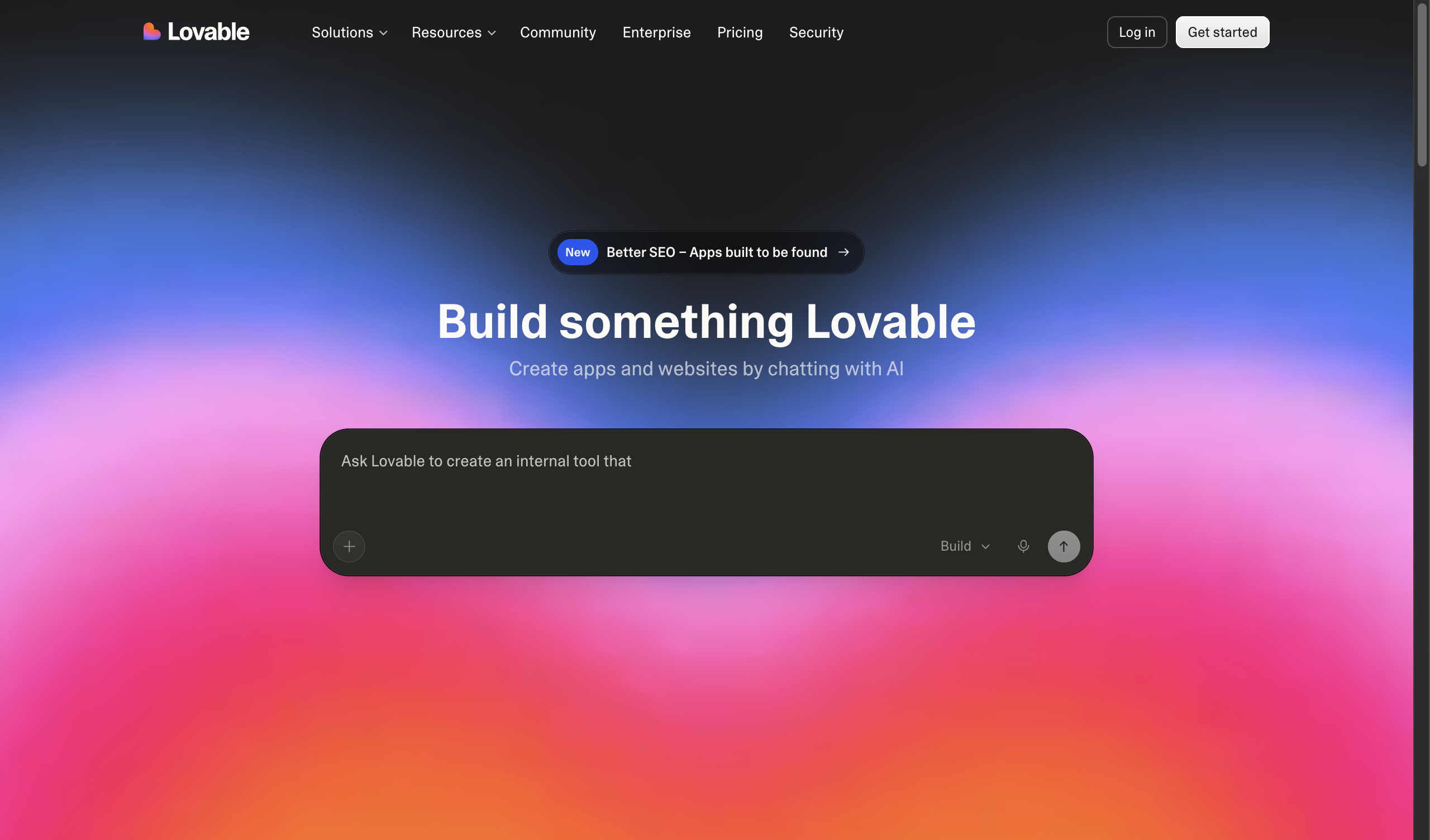Lovable AI app builder homepage showing prompt-to-app interface