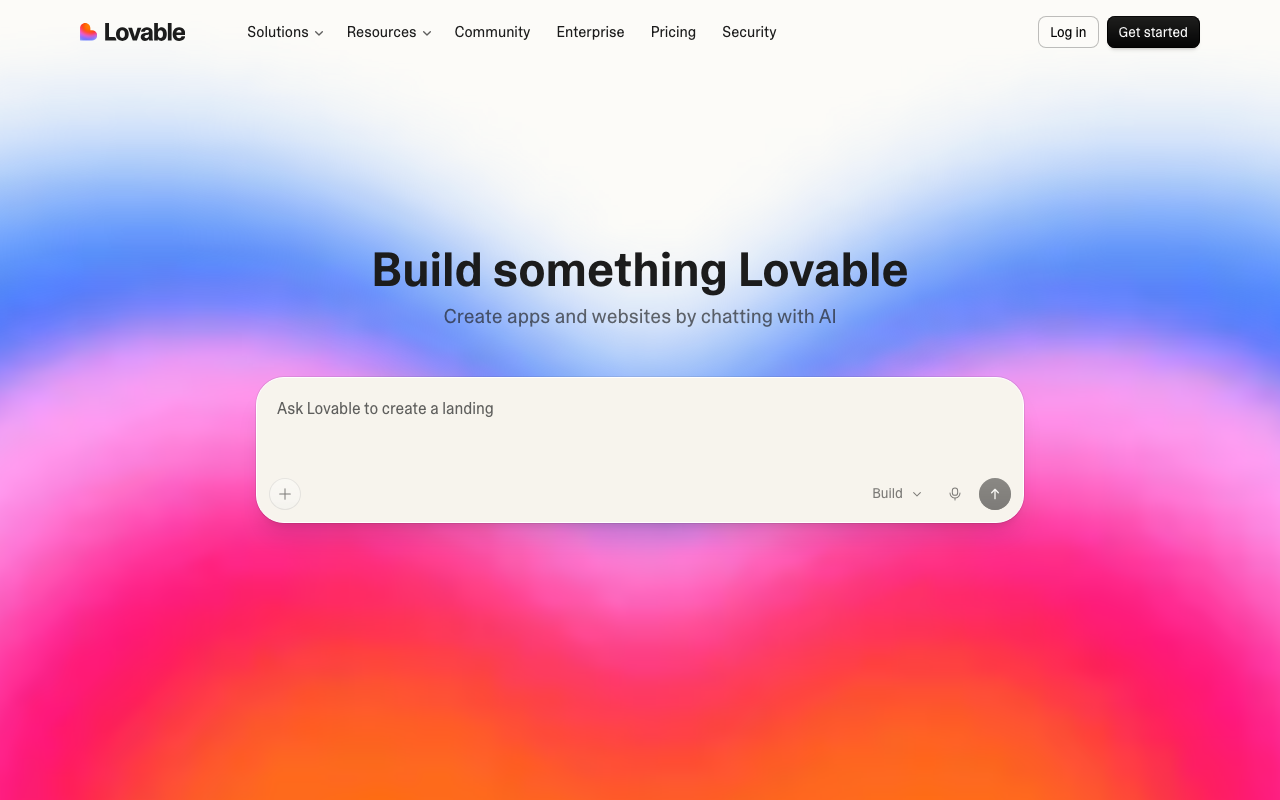 Lovable AI app builder homepage showing chat-to-app interface