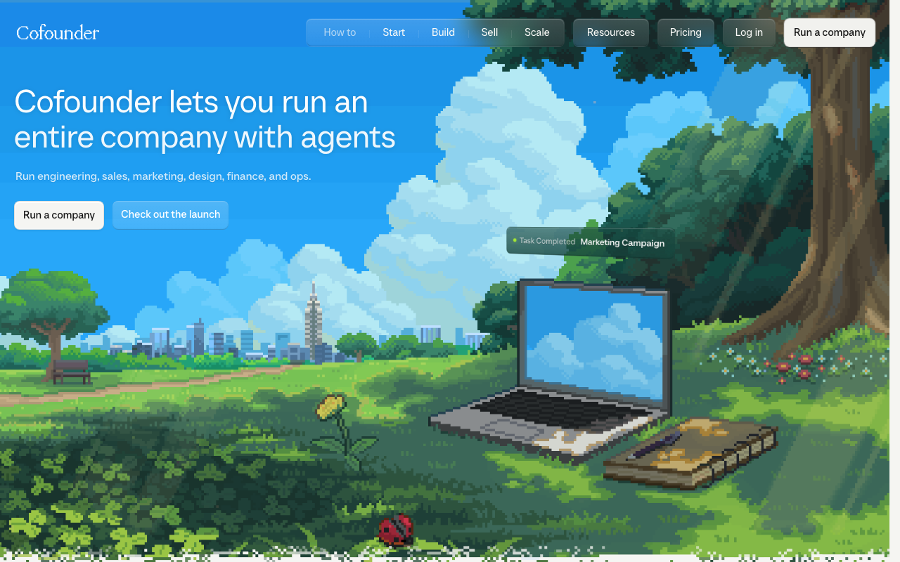 Cofounder homepage showing AI agent orchestration platform with company-style departments