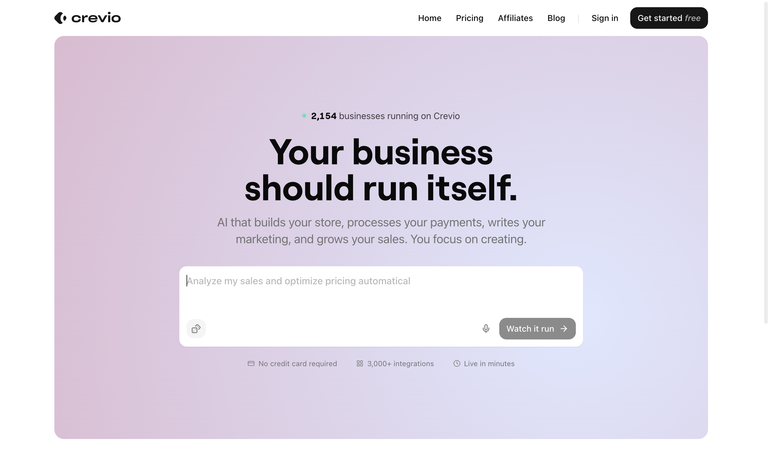 Crevio homepage showing AI-powered platform that runs your business