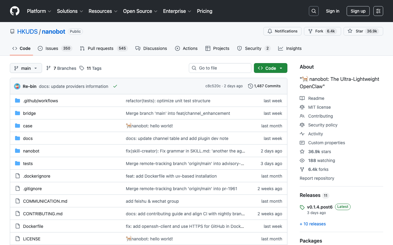 Nanobot homepage showing the minimalist AI agent platform