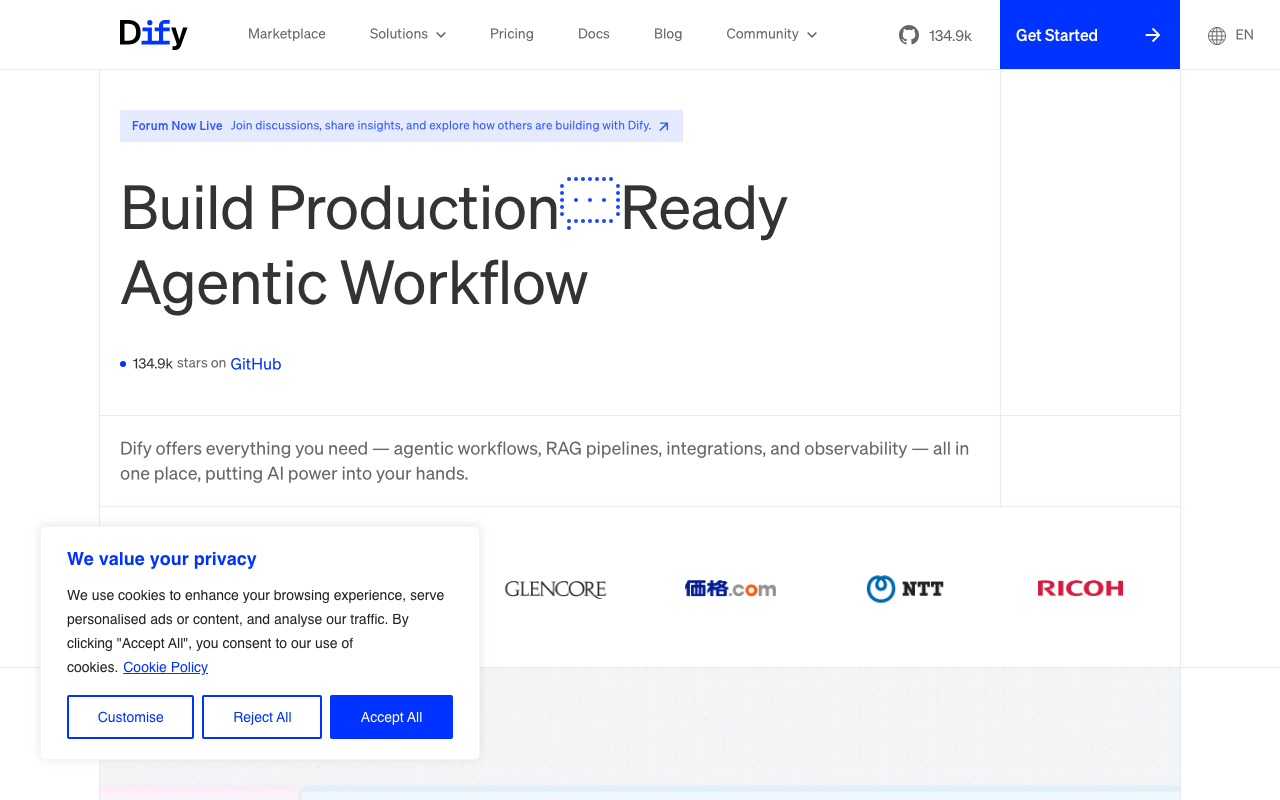 Dify homepage showing visual AI application builder