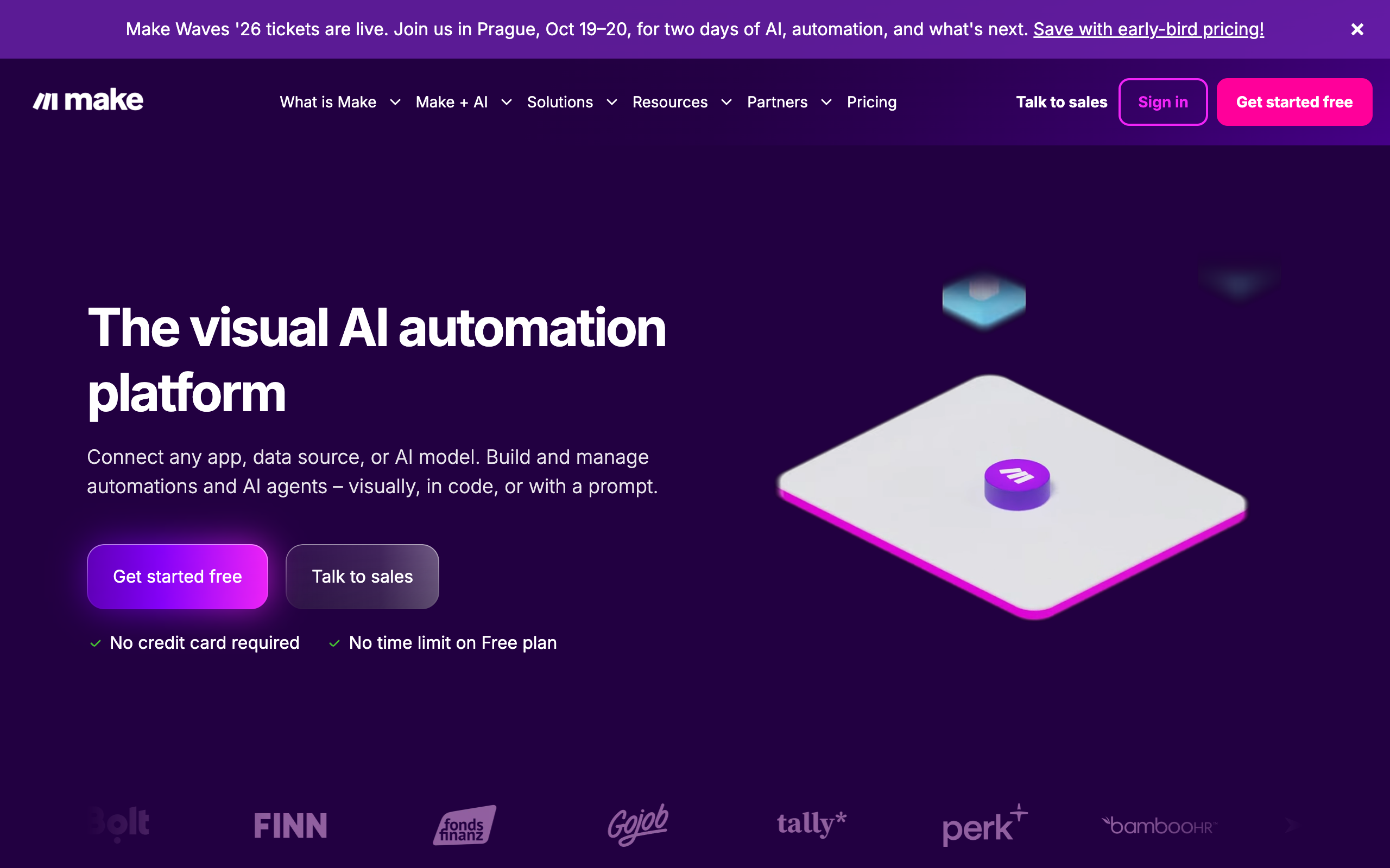 Make.com homepage showing the visual automation platform