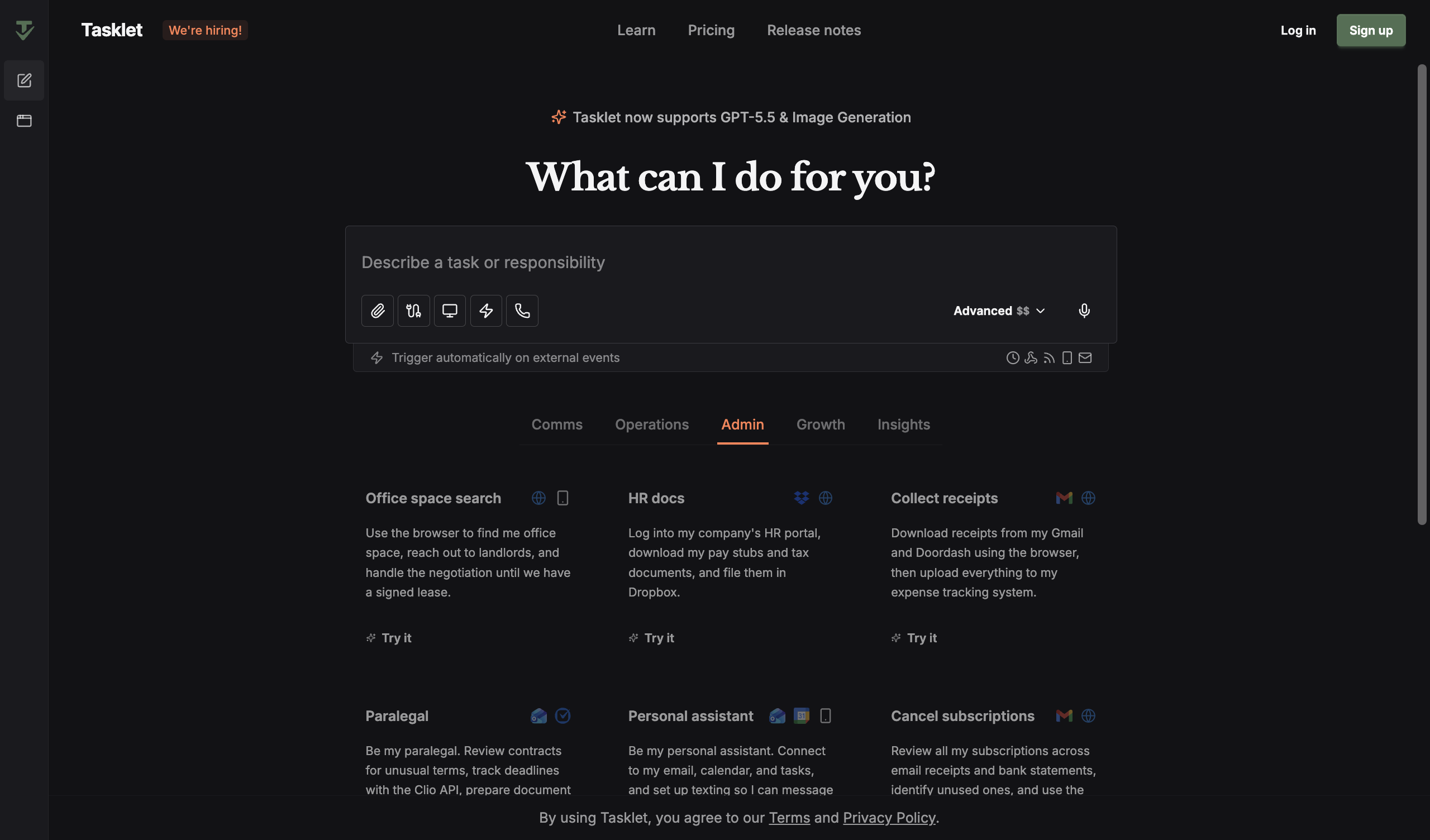 Tasklet.ai homepage showing the AI agent automation platform